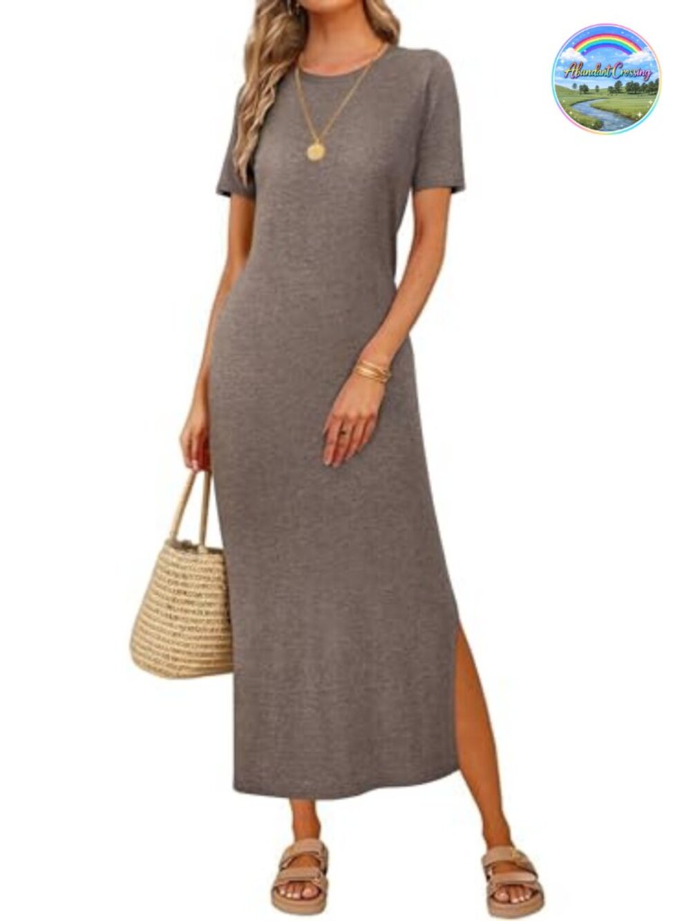 Wool Blend Loose Fit T Shirt Maxi Dress Crew Neck Short Sleeve Side Slit